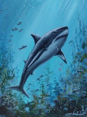 Shark Original Oil Painting. Underwater Predator Art. Big Shark In Ocean Depth