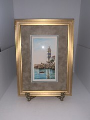 Vintage Lighthouse Ocean Boat Watercolor Signed Frame 14 7/8” Tall x 11”W Framed