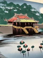 Asian Style Paintings Lotus Flowers & River Scene Boat Village No Frame Set 2