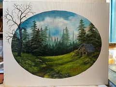 16 x 20 Original Oil on Canvas….“Cabin in the Woods“ Oval Inset