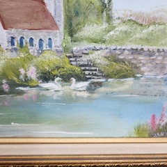 Signed Vintage Oil Painting Canvas Country Lake Scene Swans Bridge Church 27×23