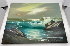 SEASCAPE OIL on CANVAS artist signed R THOMAS Vintage Painting Seagulls Waves
