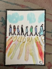 ACEO watercolor art by PJ, art card 2.5 x 3.5: follow me.