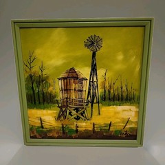 Mid Century Landscape Oil Painting Windmill Signed Vintage 1970s