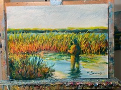 Original Oil Painting Fisherman in Marsh Wetland Landscape 12×16 Andy Semberecki