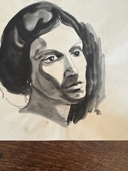 1930s Watercolor Woman Portrait On Paper 9 x 10 Monochrome Blacks Grays