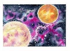 Original Painting, Galaxy Interstellar Nebula Space Twin Stars 4.5″x5.75″