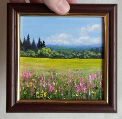 Original Oil Painting Landscape Field with Wild Flowers Framed Wall Art 4 x 4 in