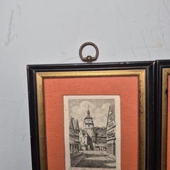 Vintage Pair Of 2 Mini Lithographs Signed European Architecture Framed