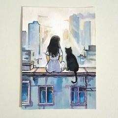 Original ACEO Painting OOAK Girl & Black Cat Rooftop Cityscape Urban Art