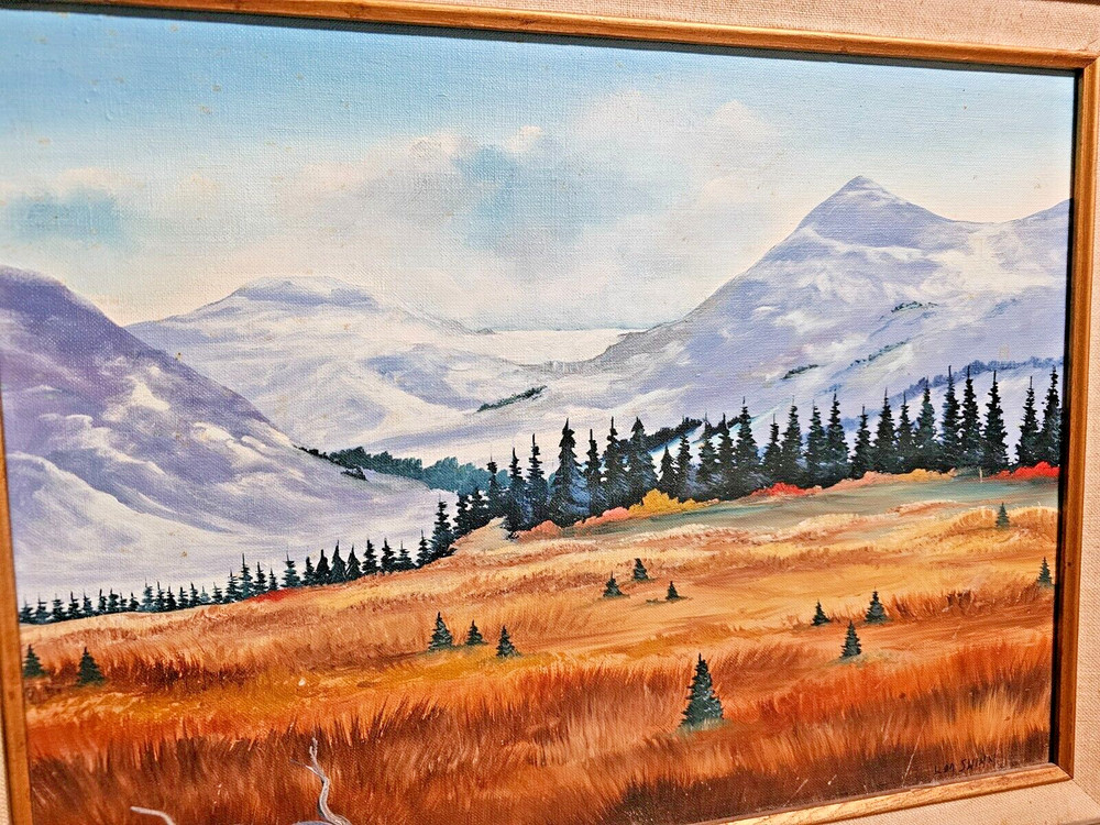 PRETTY O/B LANDSCAPE PAINTING TAOS MOUNTAINS L.M. SHINN BOSQUE FARMS STUDIO NM