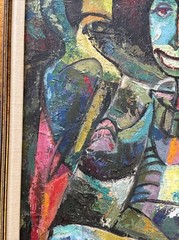 MID CENTURY PAINTING VINTAGE MODERNIST CUBIST CUBISM PORTRAIT BIRD PARROT MAN