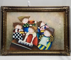 Signed Modernist „The Five Musicians“ Large Oil Painting 42×35 Gold Frame