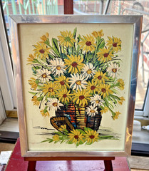 VTG Mid Century Floral Oil Painting Daisies Vase Flower Power Signed Framed CUTE