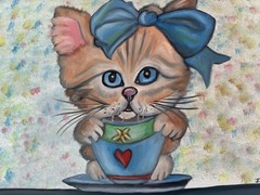 Original oil painting 11 x 14 inches cute and sweet cat kitten with coffee cup