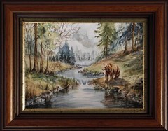 BEAR GRIZZLY Animal WILDLIFE Foggy FOREST Original Art Painting Landscape GiftA4
