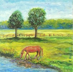 Oil Painting Original Horse Canvas Landscape Farm Animal River Pasture Equine