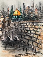 Eli Abrahami ( 20th Century ) ImpressIonism Judaica Western Wall Painting