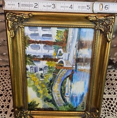 Signed J. Allen Watercolor on Canvas Painting Gold Ornate Frame Canal w/ Bridge