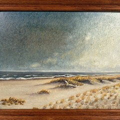 Vintage Landscape Painting Ocean Beach Sea Sand Waves Grass Cottage Cabin Framed
