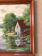 Vintage Oil Painting on Board of Gristmill & Stream Scene, Heinz Erb