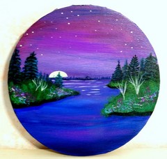 8 Inch Round Landscape Acrylic Painting Moonrise on the Peaceful River