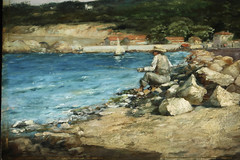 „FISHERMAN ON THE ROCKS“ PAUL GUIGOU 1860’s SIGNED FRENCH OIL ON PANEL.