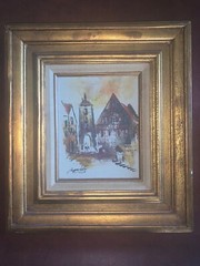 Adrian Marchello Painting Village Scene Oil on Canvas Wide Gold Frame Vintage