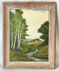 Vtg Original Landscape Painting River Forest Woods Trees Framed Signed MCM FRAME
