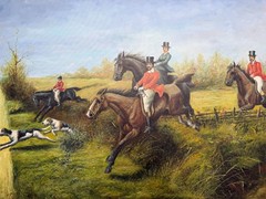 Huge Equestrian Fox Hunt Oil Painting, English Hunting Scene Art, Framed, Signed