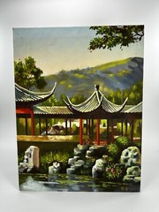 Chinese Landscape Oil On Canvas Painting Chinese Pagoda Water Scene Unframed
