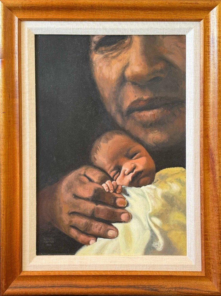 1985 Hawaii Koa Framed Oil Painting of Mother & Child by Edwin Kayton (FeC)