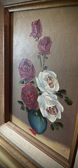 Vintage hand painted white and red roses flowers in brown and gold wood frame