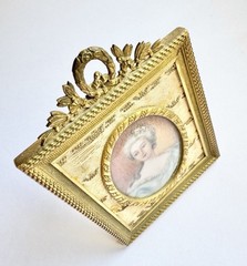 Rare 19th C. French Hand Painted Miniature Portrait Gold Gild & Tapestry Frame