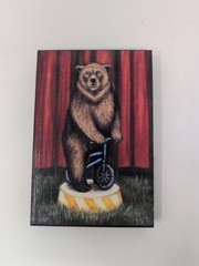 Circus Bear Artwork Painted On Wood “ A Grizzly Race“ By Emily Bates 4 In X 6 In
