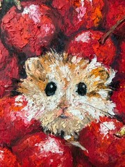 Hamster Original Art Cherry Wall Art Abstract Oil Pastels Animal Art Fruit Art