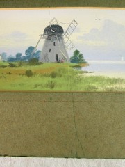 Clarence E Braley Landscape Pastel Painting House Windmill Water 4×22 inch c1900