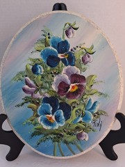 Lovely Vtg Pansy/Floral Oil Paintings Pair on Oval Shaped Wood; 2 Pc;Artist Sign