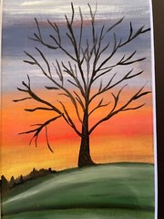 Original oil painting 5 X 7 inches Including Black Matting tree at sunset