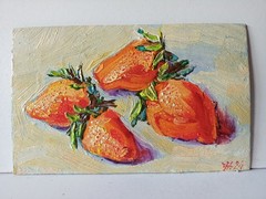 Strawberries Impasto Painting Original Art Impression Oil Painting 5.5 x 8.6 in