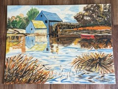 Vintage McFadden 1963 Oil Painting Water Mill Landscape Grist Mill Mid Century