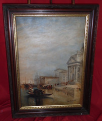 Old Oil Painting – Boats Gondolas At Venice Steps In Manner Of T.S. Moran