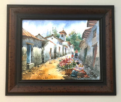 Framed Peruvian Street Flower Vendor Watercolor Original Painting 12.5 x 9.5