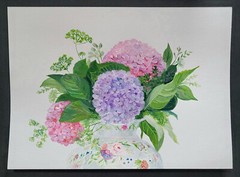 Hydrangea Painting Original Acrylic Flower Glitter Paper Hand Paint 7.6 x 10.6In