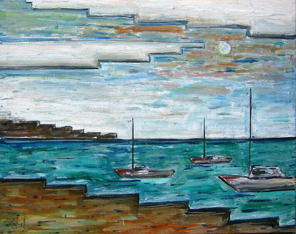 SUN SHORE SEA sail boat beach NEW wow 16×20 oil painting seascape cubism CROWELL