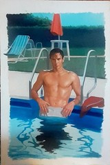Vtg Original Art BOOK Cover Painting Man in POOL Franco ACCORNERO 30″ X 20″