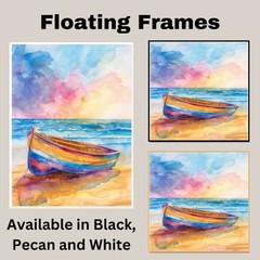 Watercolor Painting of Colorful Wooden Boat on Sandy Shore with Sunrise Canvas
