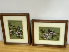 Reverse Glass Painting Set 2 Floral Butterfly Design Dogwood VTG Wood Frames SEE