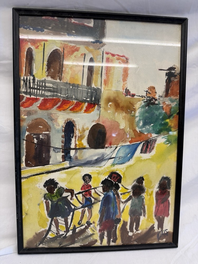 Original Watercolor Painting Children Village Street Scene Signed OHS Framed 23x