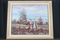 Victorian Ladies, landscape w village painting 24 x 20 Marie Charlot attribution
